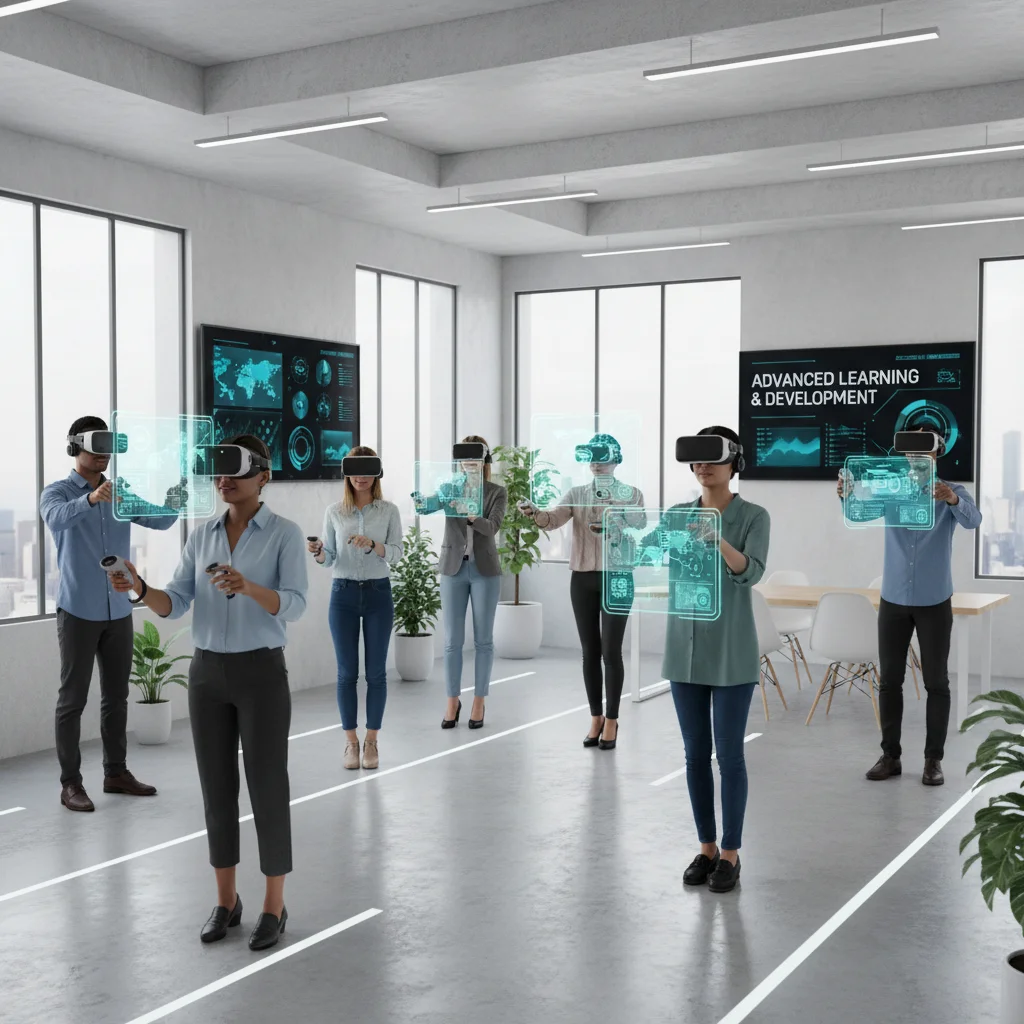 Diverse startup team participating in a virtual reality training session