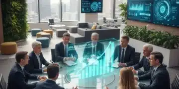 Leaders analyzing data on a holographic display, representing adaptive strategies for the future workplace.