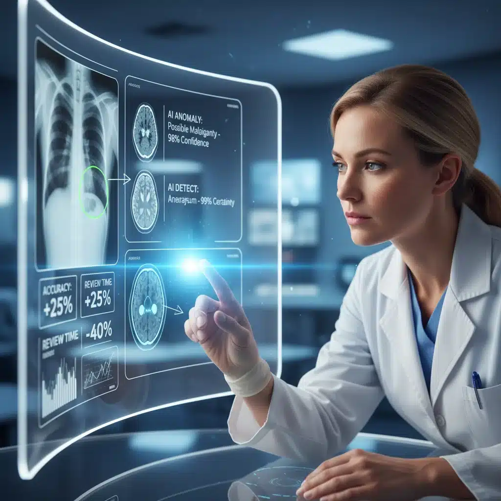 Doctor analyzing AI-enhanced medical scans, improved diagnostics