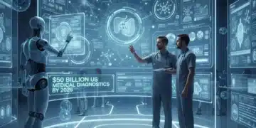 AI transforming medical diagnostics, futuristic lab with data analysis