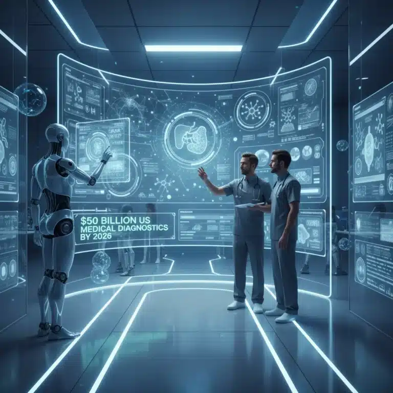 AI transforming medical diagnostics, futuristic lab with data analysis