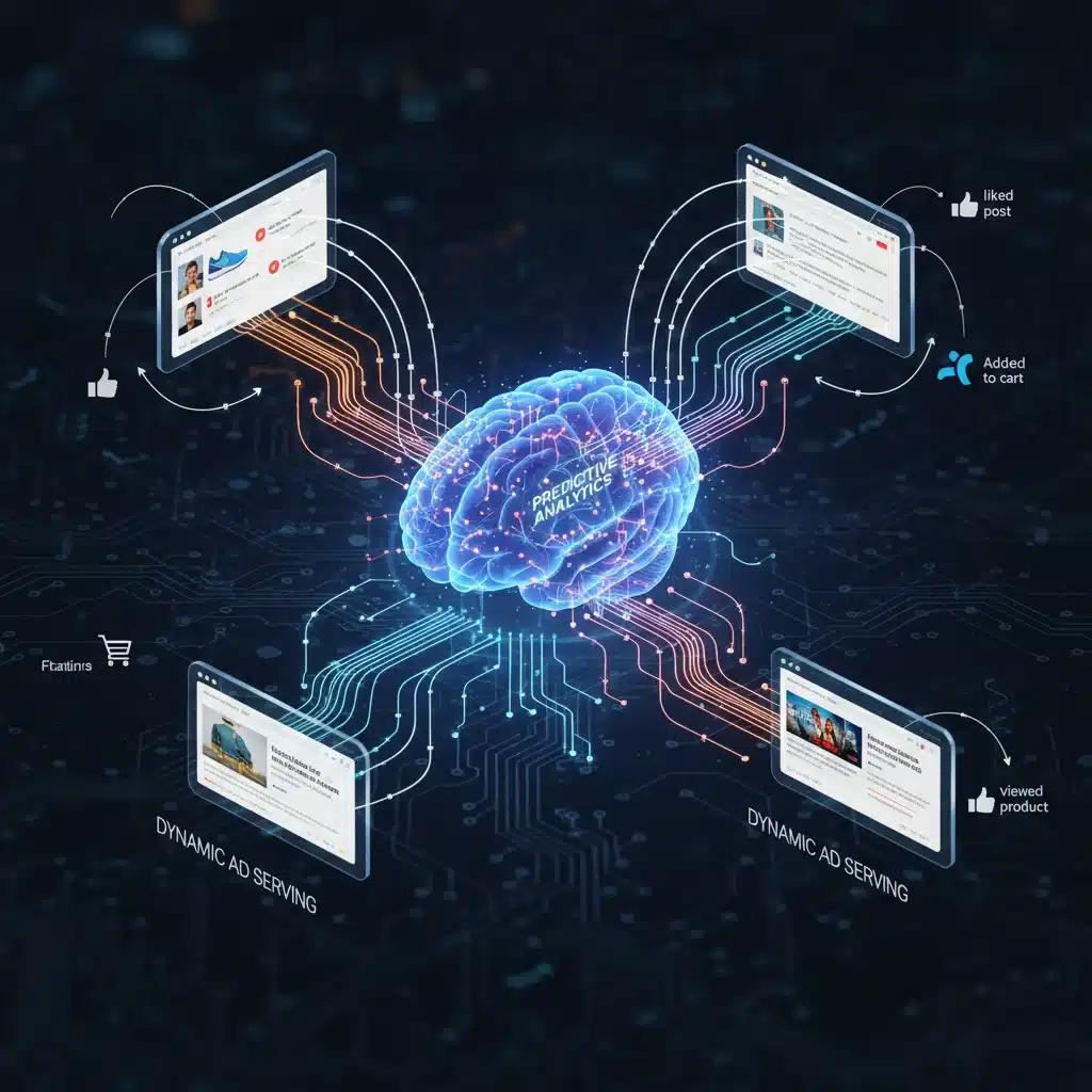 AI algorithm analyzing real-time user behavior for dynamic ad serving and personalization across digital platforms.