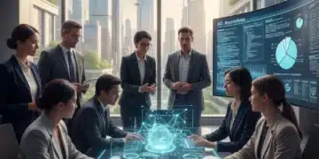 Professionals collaborating with AI technology in a futuristic office setting.