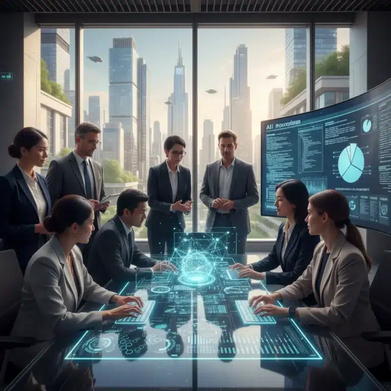 Professionals collaborating with AI technology in a futuristic office setting.