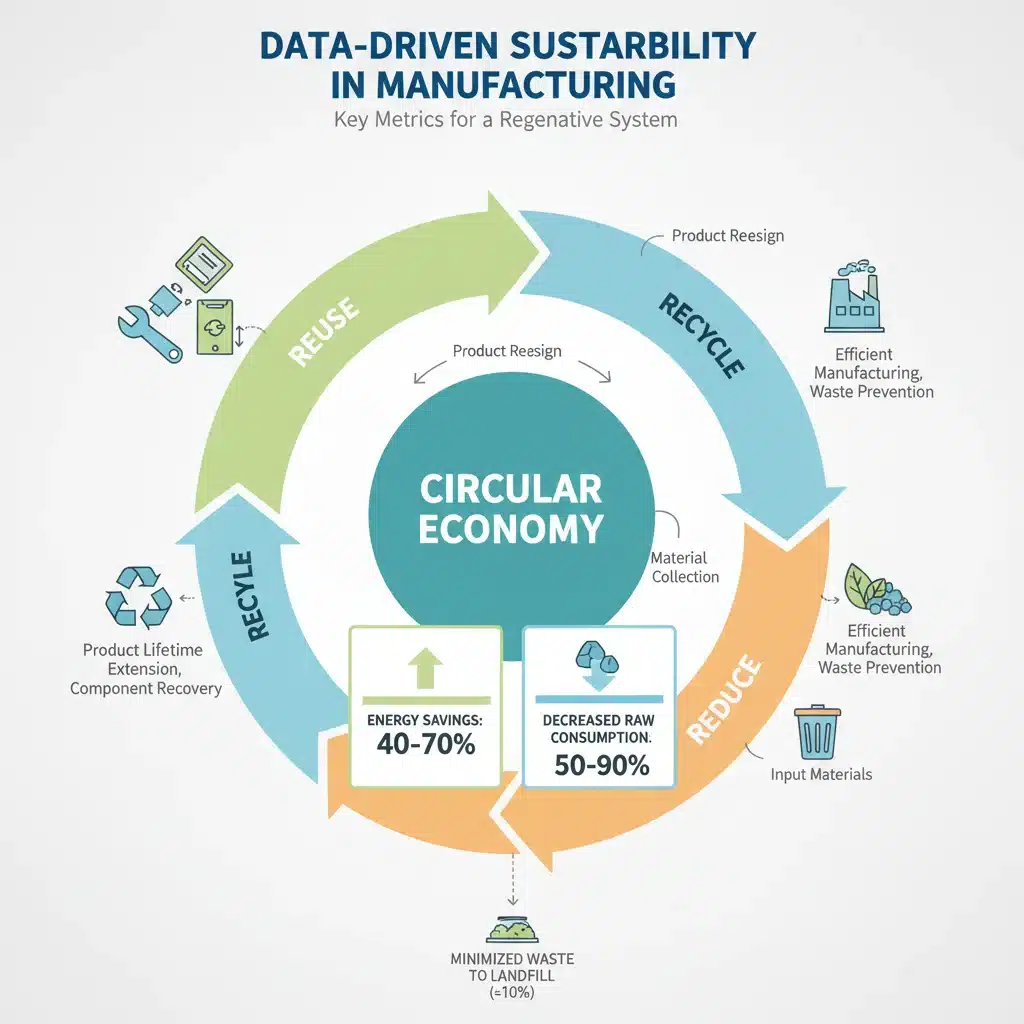 Infographic depicting a circular economy model with material reuse and waste reduction.