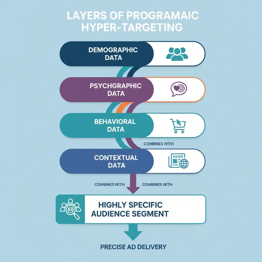 Infographic illustrating layers of demographic, psychographic, behavioral, and contextual data for programmatic targeting.