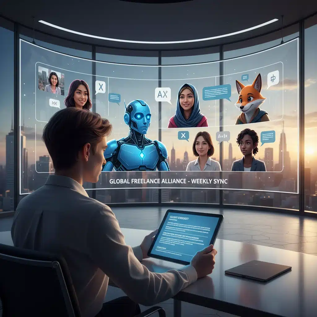 Diverse group in a virtual meeting discussing gig economy contracts and global work.