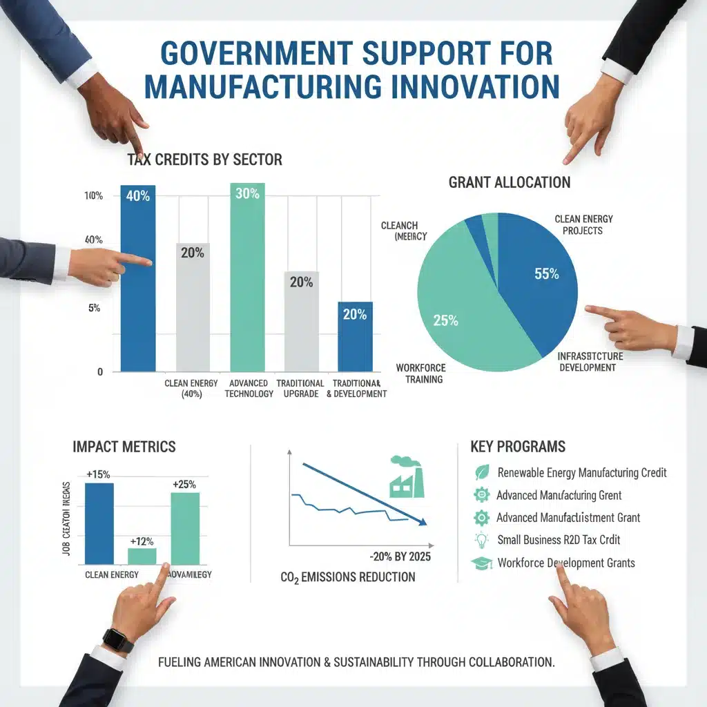 Infographic detailing government tax credits and grants for manufacturing sector.