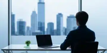 A person looking out a window in a minimalist home office, representing the blurred lines of work and personal life and the shift in marketing strategies.