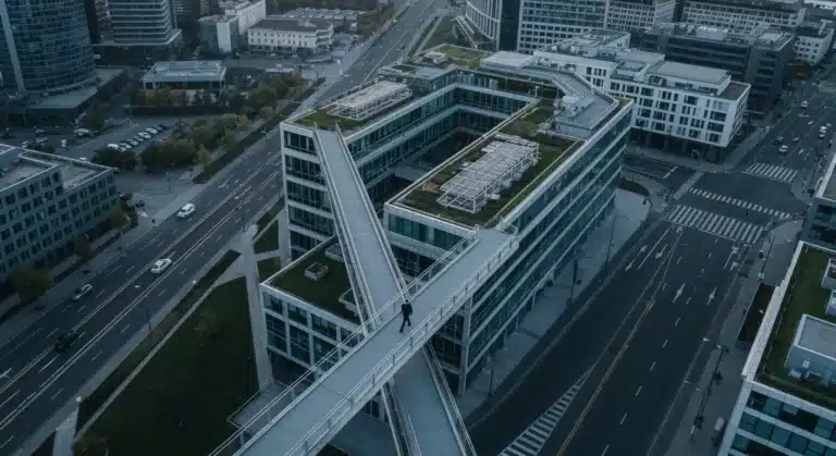 Aerial view of an interconnected urban landscape at dawn, featuring a large coworking space, geometric road patterns, and a lone figure walking a pedestrian bridge, symbolizing the hybrid workforce and gig economy.