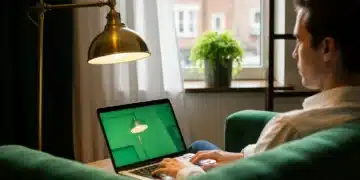 A professional working remotely on a laptop from a comfortable home sofa, with soft ambient light, reflecting the shift from traditional office work.