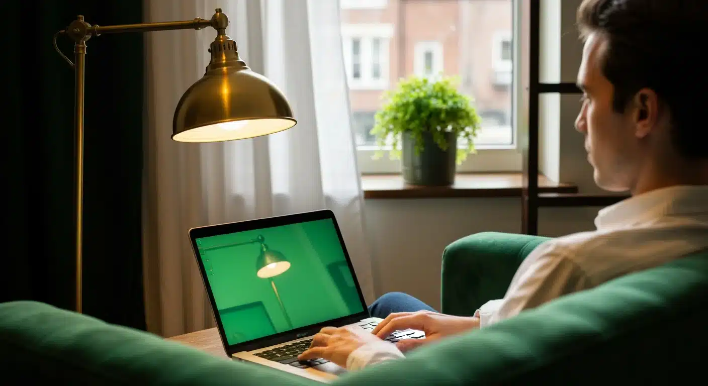 A professional working remotely on a laptop from a comfortable home sofa, with soft ambient light, reflecting the shift from traditional office work.