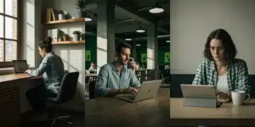 Three individuals working in distinct, authentic settings—home office, co-working space, and cafe—under dramatic, single-directional lighting, illustrating the fragmented modern workforce.