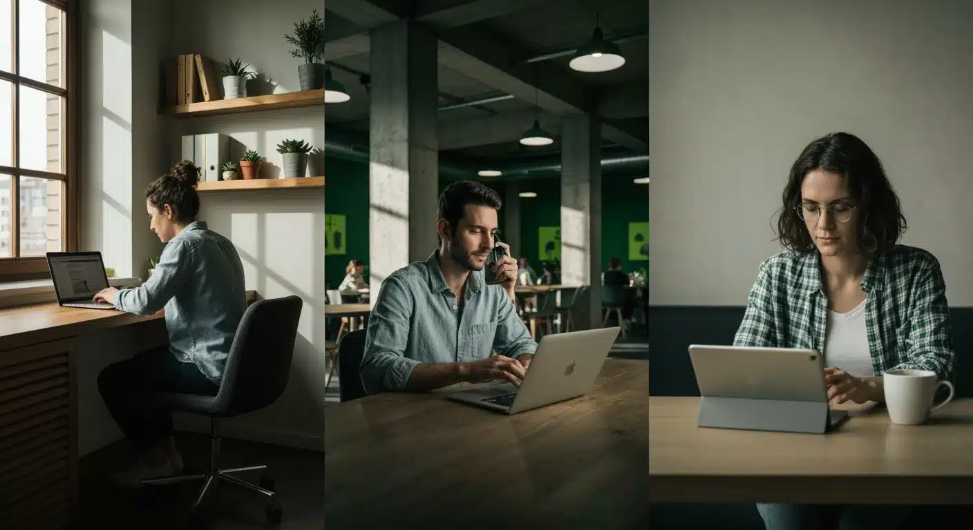 Three individuals working in distinct, authentic settings—home office, co-working space, and cafe—under dramatic, single-directional lighting, illustrating the fragmented modern workforce.