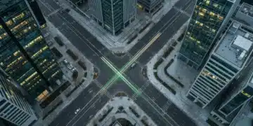 Aerial view of a city at dusk, showing geometric patterns of buildings and roads, with a green light trail representing the convergence of consumer and employer brand values.