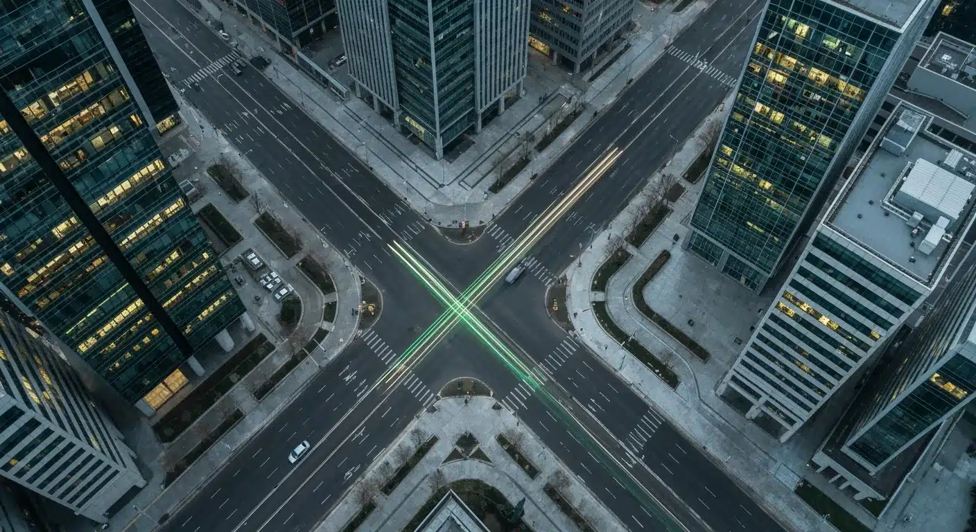 Aerial view of a city at dusk, showing geometric patterns of buildings and roads, with a green light trail representing the convergence of consumer and employer brand values.