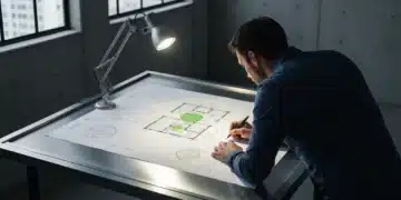 A person intently examining complex architectural blueprints on a brushed aluminum drafting table under a focused task light, symbolizing foundational startup strategy and market fit.