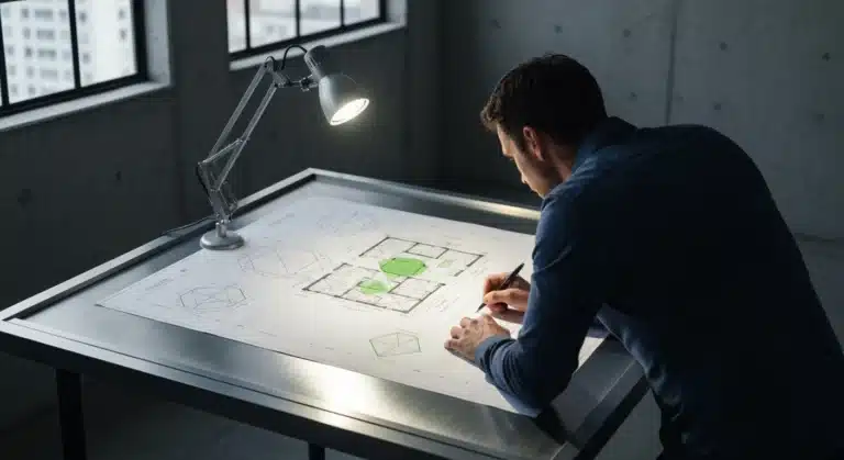 A person intently examining complex architectural blueprints on a brushed aluminum drafting table under a focused task light, symbolizing foundational startup strategy and market fit.