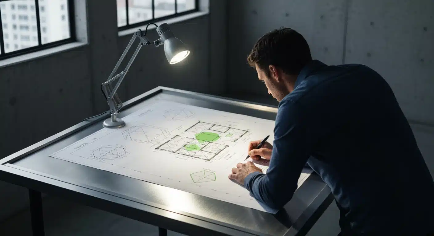 A person intently examining complex architectural blueprints on a brushed aluminum drafting table under a focused task light, symbolizing foundational startup strategy and market fit.