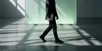 A person walks across a concrete floor, casting long geometric shadows, with a glowing green translucent panel in the background, symbolizing evolving consumer behavior in the future of work.