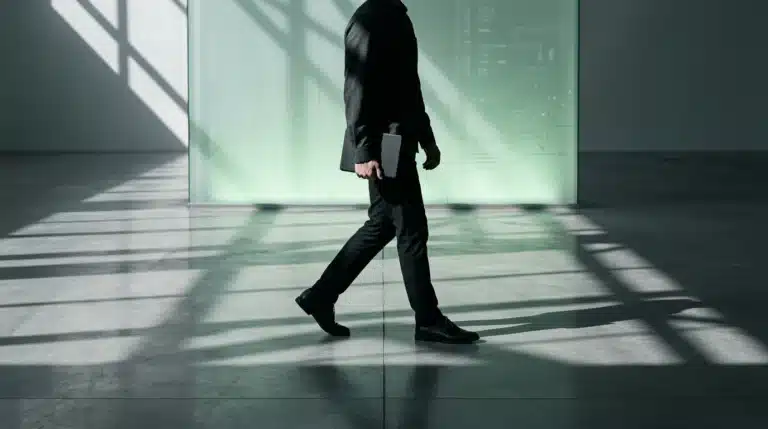 A person walks across a concrete floor, casting long geometric shadows, with a glowing green translucent panel in the background, symbolizing evolving consumer behavior in the future of work.