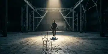 A lone figure walks through a dimly lit industrial warehouse, passing a collapsed balsa wood structure near robust steel girders, symbolizing the shift from premature scaling to sustainable startup growth.