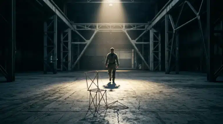 A lone figure walks through a dimly lit industrial warehouse, passing a collapsed balsa wood structure near robust steel girders, symbolizing the shift from premature scaling to sustainable startup growth.