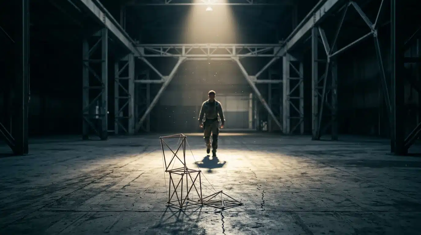 A lone figure walks through a dimly lit industrial warehouse, passing a collapsed balsa wood structure near robust steel girders, symbolizing the shift from premature scaling to sustainable startup growth.
