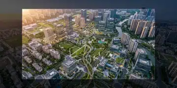 An aerial drone view of a modern city at dusk, showing a blend of geometric office buildings, green parks, and residential areas, symbolizing flexible work models and an integrated ecosystem for the future of work.