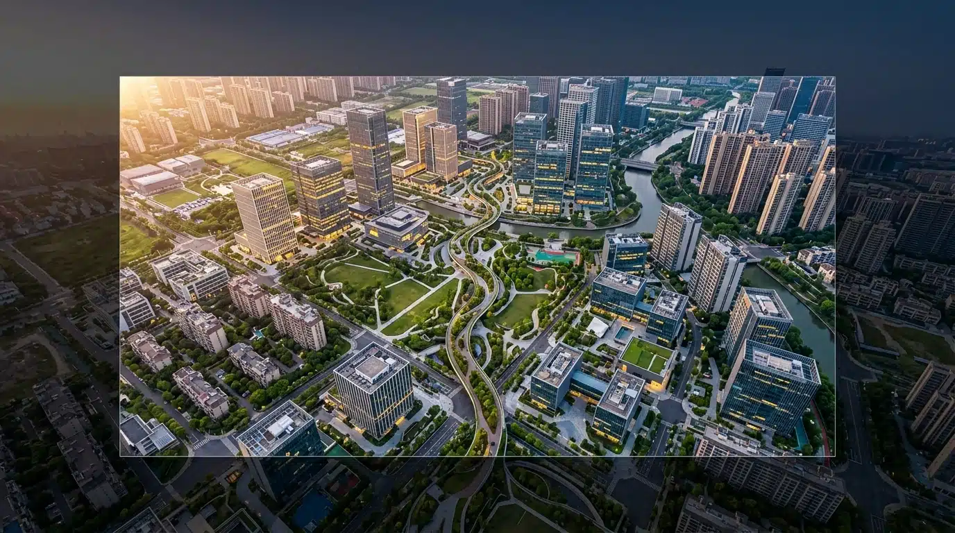 An aerial drone view of a modern city at dusk, showing a blend of geometric office buildings, green parks, and residential areas, symbolizing flexible work models and an integrated ecosystem for the future of work.