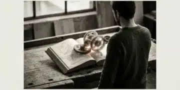 A person observing a complex 3D-printed gear mechanism interacting with an open book displaying demographic data on a wooden workbench, symbolizing workforce evolution.