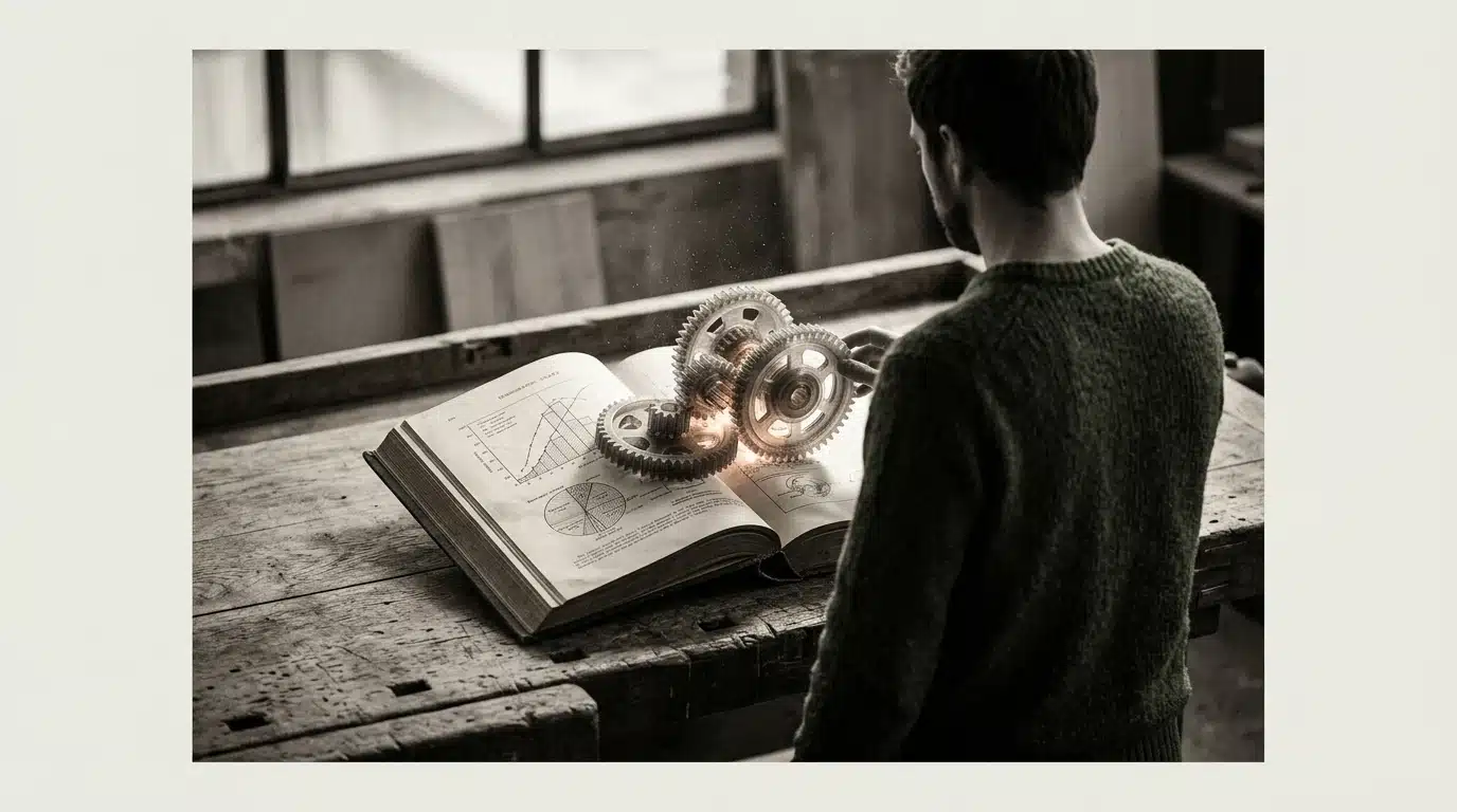 A person observing a complex 3D-printed gear mechanism interacting with an open book displaying demographic data on a wooden workbench, symbolizing workforce evolution.