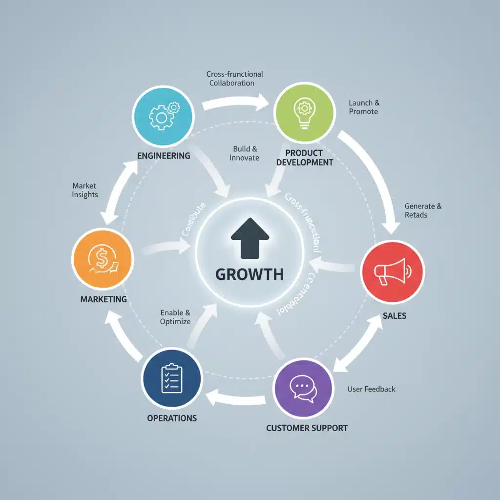 Interconnected startup departments collaborating for growth