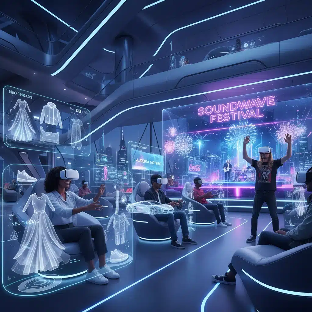 Consumers engaging in various virtual brand experiences within the metaverse.