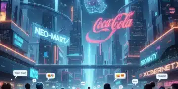 Metaverse marketing landscape with virtual brands and interacting avatars in the US.