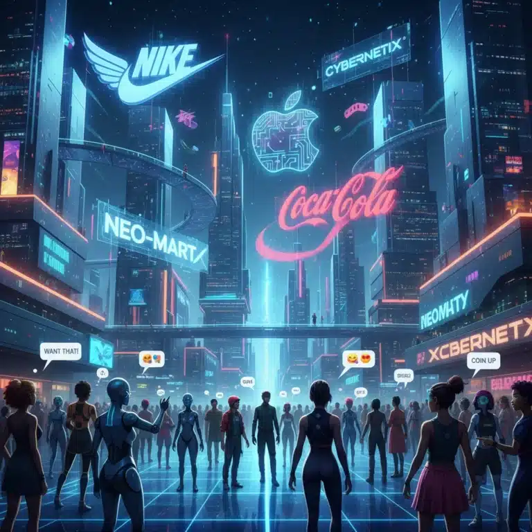 Metaverse marketing landscape with virtual brands and interacting avatars in the US.