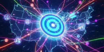 Hyper-Targeting Programmatic Ads: Boost US Engagement by 12% in 2024 Digital network with data points targeting a central icon, representing programmatic hyper-targeting for US ad engagement.