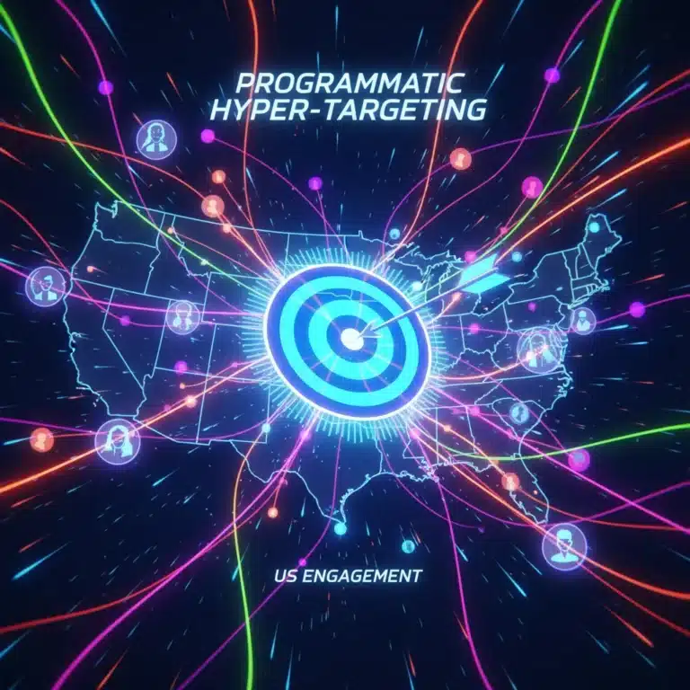 Digital network with data points targeting a central icon, representing programmatic hyper-targeting for US ad engagement.
