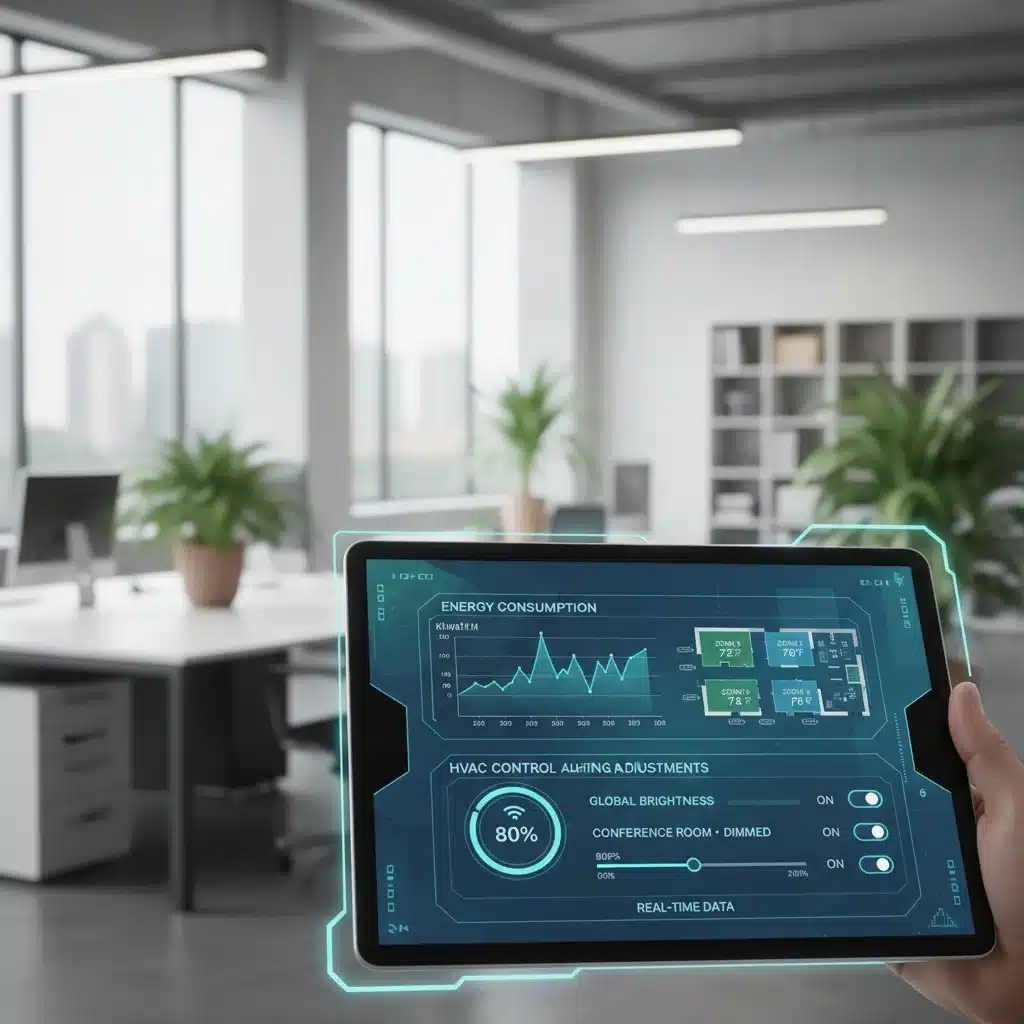 Smart building management system interface on a tablet, showing energy consumption data.