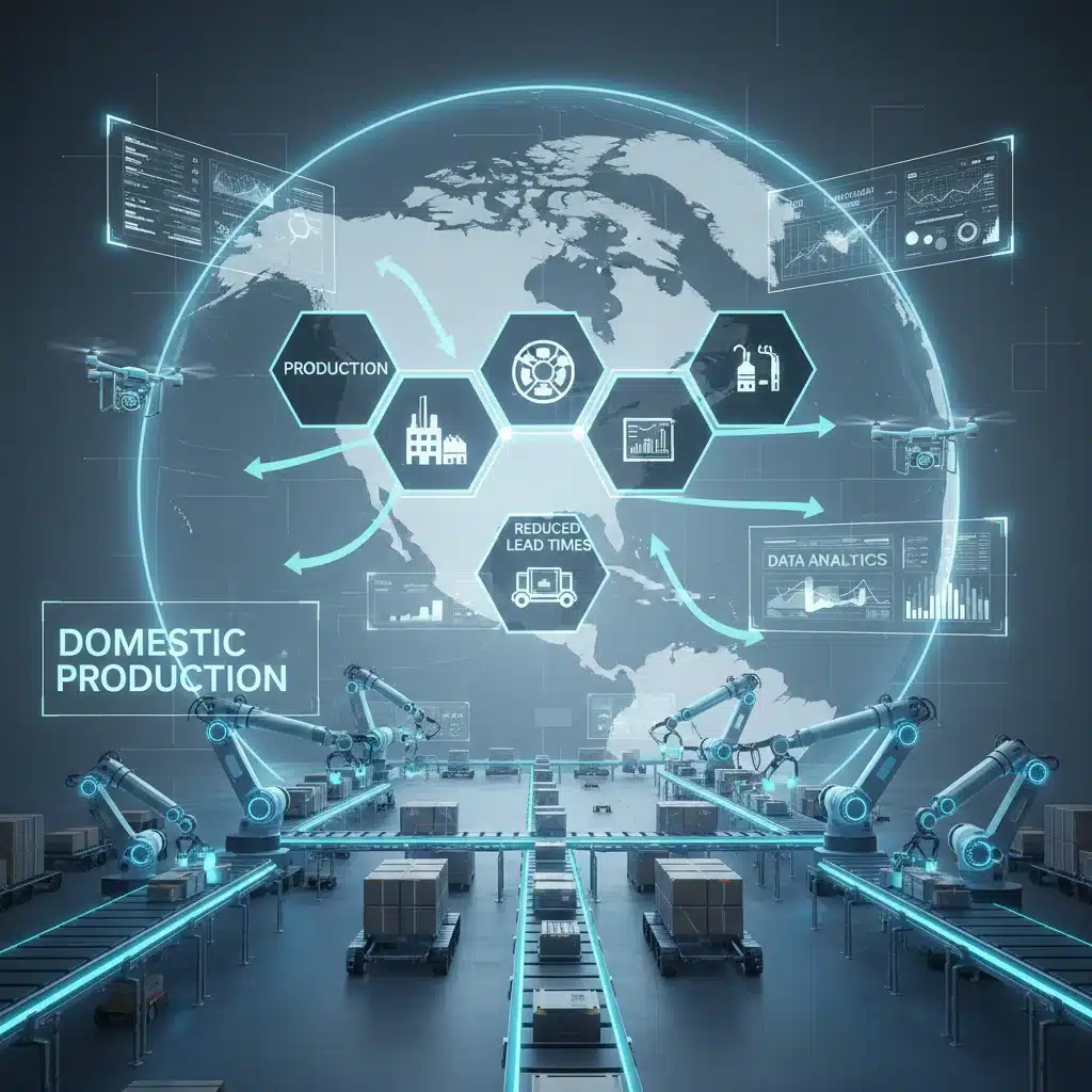 Diagram illustrating a streamlined domestic supply chain with automation and data analytics.