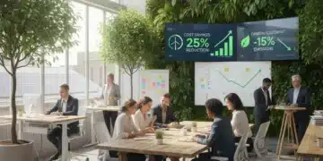 Professionals collaborating in an eco-friendly office, showcasing sustainable work practices and cost reduction.