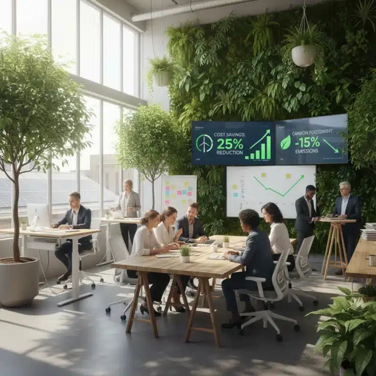 Professionals collaborating in an eco-friendly office, showcasing sustainable work practices and cost reduction.