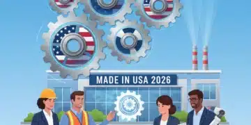 Illustration of gears and American flags symbolizing US manufacturing reshoring and economic growth.