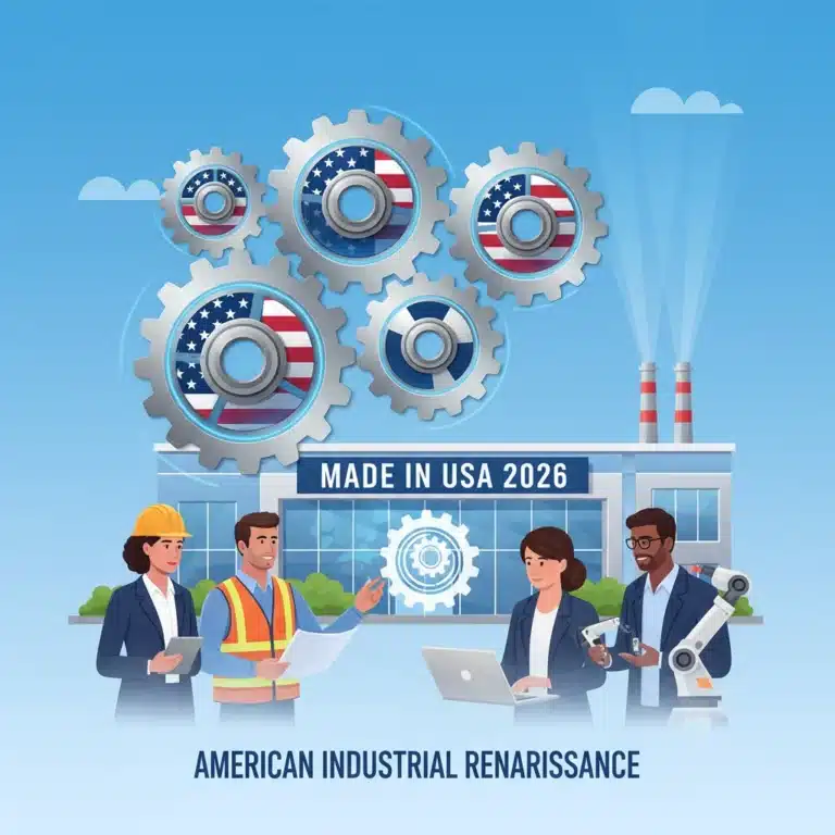 Illustration of gears and American flags symbolizing US manufacturing reshoring and economic growth.