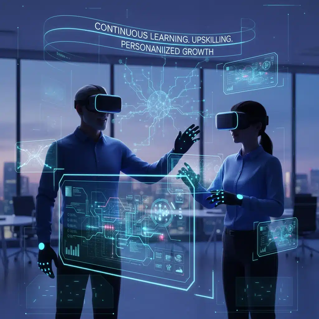 Leader mentoring employee in VR, highlighting continuous learning and development.