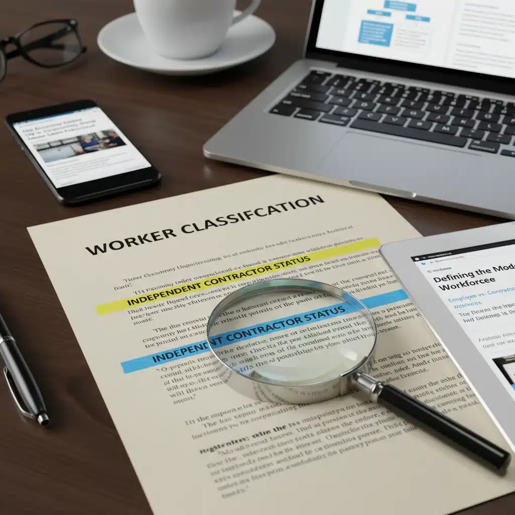 Legal document detailing worker classification criteria with digital devices and a magnifying glass.