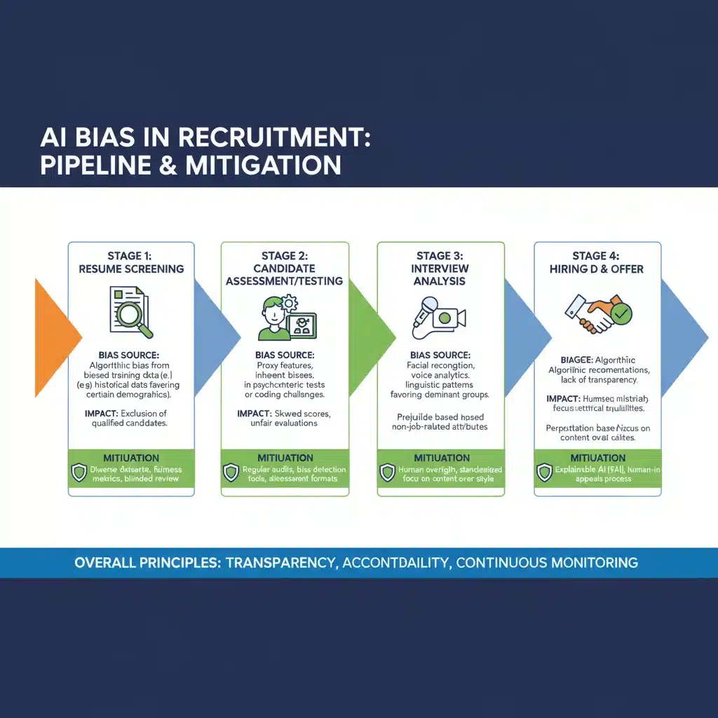 AI bias in recruitment infographic, mitigation strategies