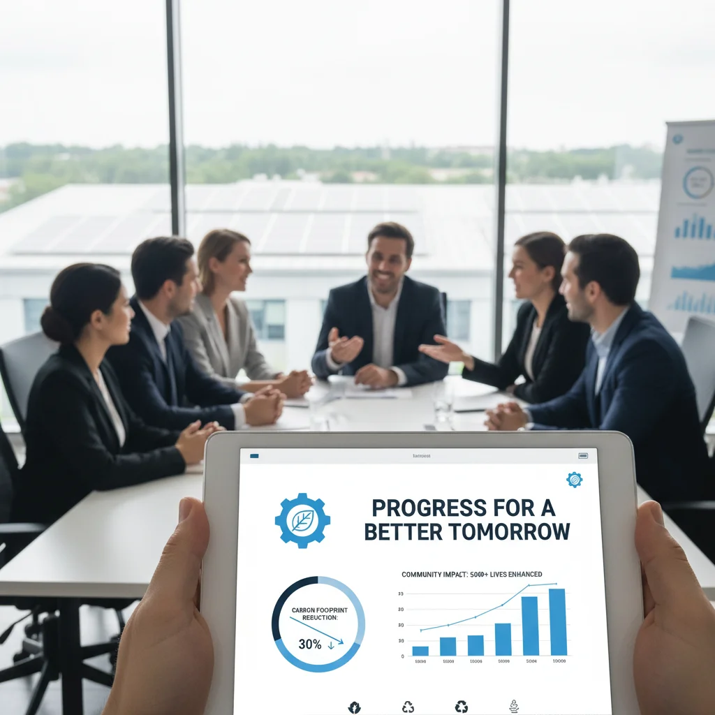 Corporate social responsibility report displayed on a tablet with a team collaborating