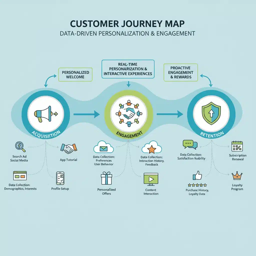 Infographic of customer journey map with data points and personalization strategies.