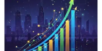 Digital illustration of customer lifetime value growth for US startups with data analytics and city skyline.